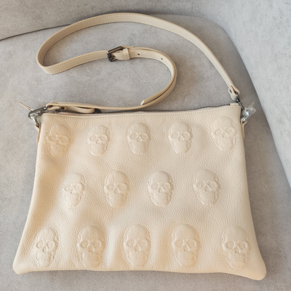 IOPelle Crossbody Bag Ivory 100% Leather 3D Skull Clutch Pastel Made In Italy